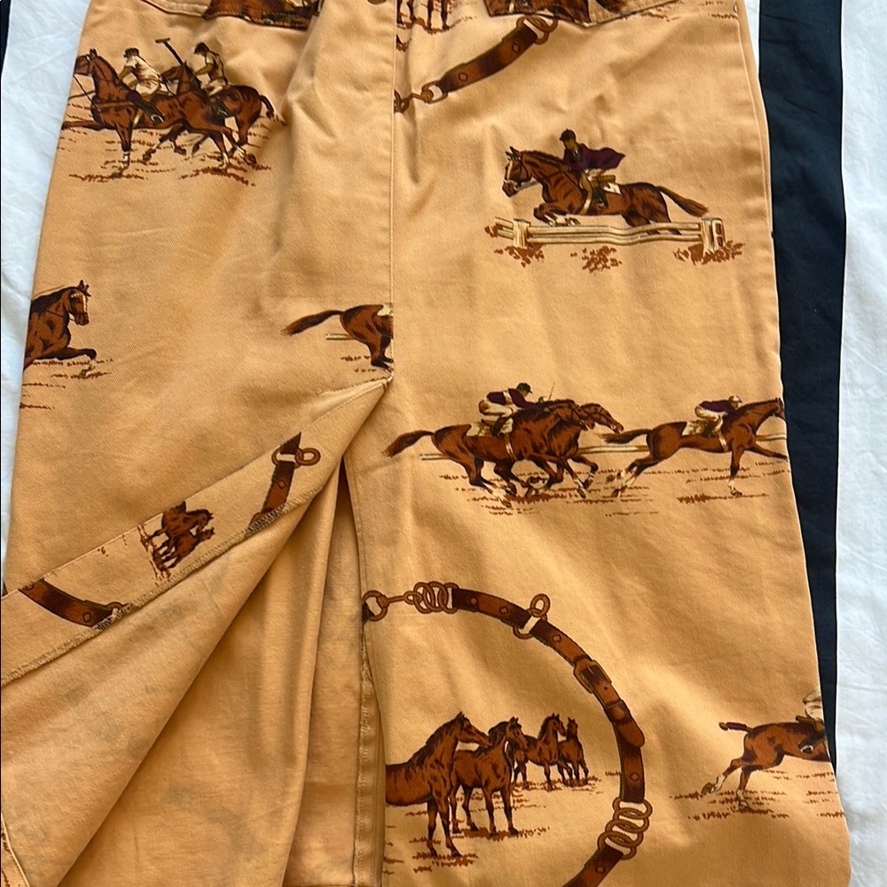 VINTAGE Polo by Ralph Lauren Camel Tan Polo Pony Print Pencil Skirt - Picture 5 of 6